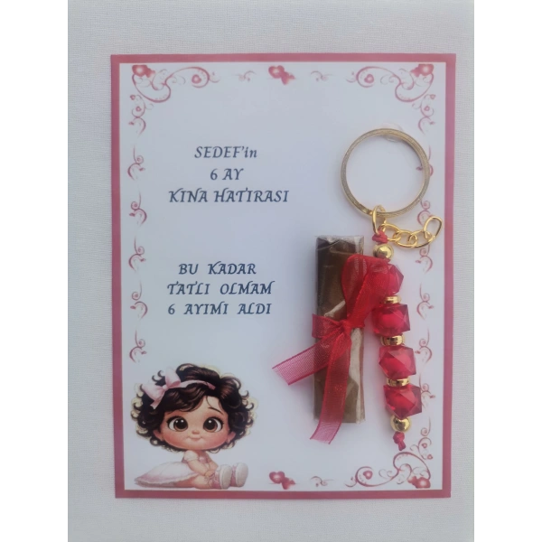 64 Adet Kişiye Özel 6 Ay Kına Hatırası Kırmızı Anahtarlık ve Paketlenmiş Kına Dağıtmalık Hediyelik