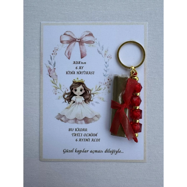 64 Adet Kişiye Özel 6 Ay Kına Hatırası Kırmızı Anahtarlık ve Paketlenmiş Kına Dağıtmalık Hediyelik