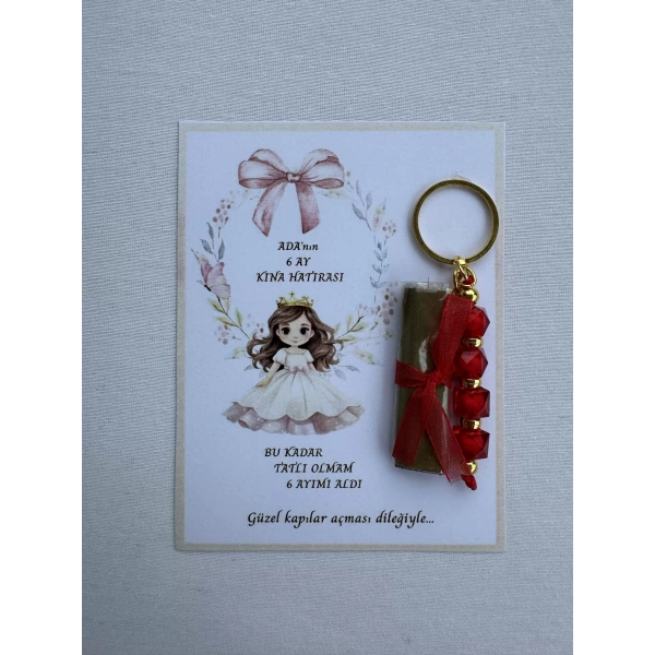 64 Adet Kişiye Özel 6 Ay Kına Hatırası Kırmızı Anahtarlık ve Paketlenmiş Kına Dağıtmalık Hediyelik