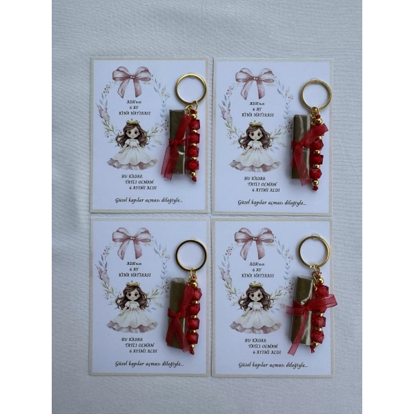 64 Adet Kişiye Özel 6 Ay Kına Hatırası Kırmızı Anahtarlık ve Paketlenmiş Kına Dağıtmalık Hediyelik