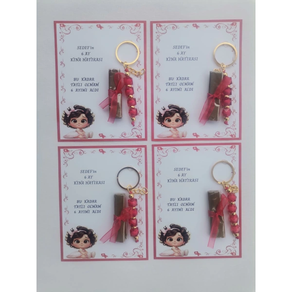 64 Adet Kişiye Özel 6 Ay Kına Hatırası Kırmızı Anahtarlık ve Paketlenmiş Kına Dağıtmalık Hediyelik