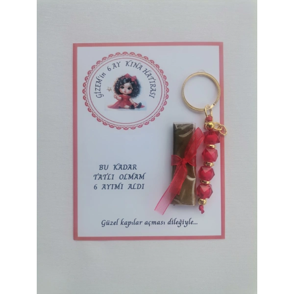 64 Adet Kişiye Özel 6 Ay Kına Hatırası Kırmızı Anahtarlık ve Paketlenmiş Kına Dağıtmalık Hediyelik