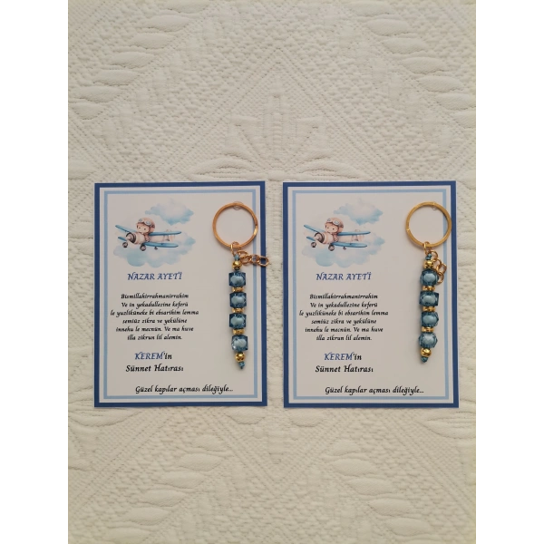 64 Adet Kişiye Özel Nazar Ayeti Sünnet Hatırası Dağıtmalık Hediyelik Mavi Renk Anahtarlık