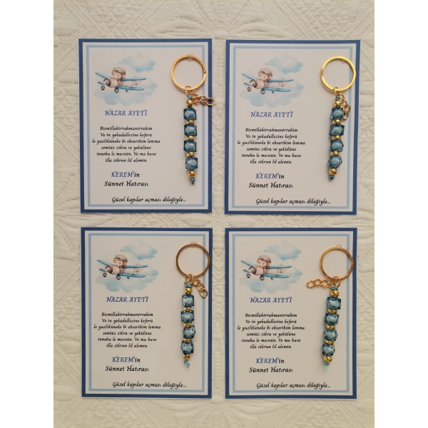 64 Adet Kişiye Özel Nazar Ayeti Sünnet Hatırası Dağıtmalık Hediyelik Mavi Renk Anahtarlık