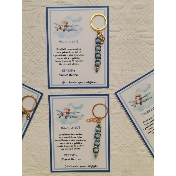 64 Adet Kişiye Özel Nazar Ayeti Sünnet Hatırası Dağıtmalık Hediyelik Mavi Renk Anahtarlık
