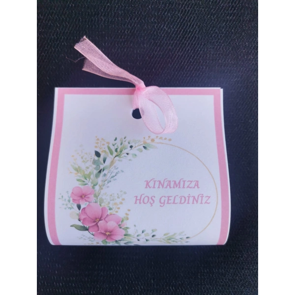 100 Adet Kişiye Özel Tasarım Hazır Paketlenmiş Pembe Çiçekli Model Dağıtmalık Hediyelik Kına