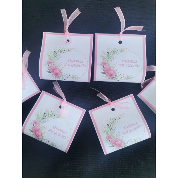 100 Adet Kişiye Özel Tasarım Hazır Paketlenmiş Pembe Çiçekli Model Dağıtmalık Hediyelik Kına