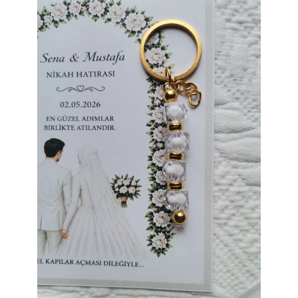 100 Adet Kişiye Özel Düğün Nikah Söz Kına Hatırası Dağıtmalık Beyaz Anahtarlık Hediyelik