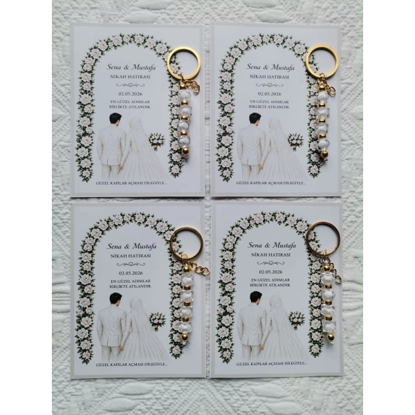 100 Adet Kişiye Özel Düğün Nikah Söz Kına Hatırası Dağıtmalık Beyaz Anahtarlık Hediyelik
