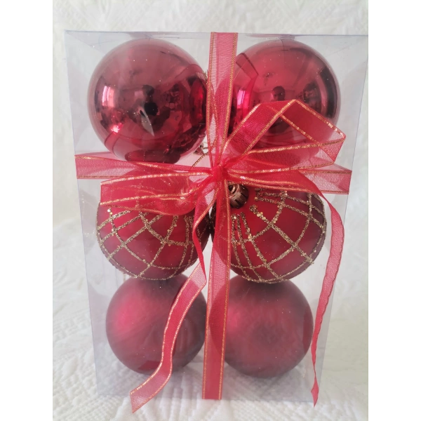 Yılbaşı Ağacı Süsü Desenli 6 cm Kırmızı Toplar 6lı