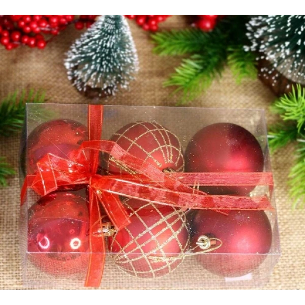 Yılbaşı Ağacı Süsü Desenli 6 cm Kırmızı Toplar 6lı