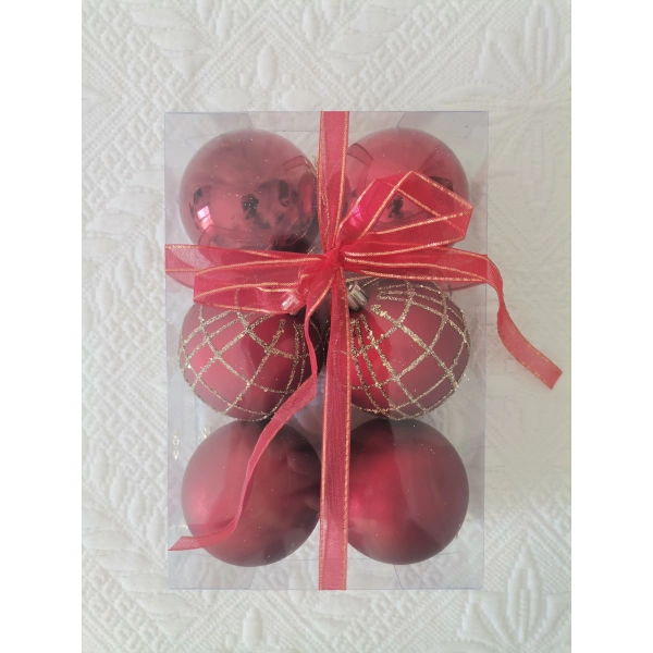 Yılbaşı Ağacı Süsü Desenli 6 cm Kırmızı Toplar 6lı