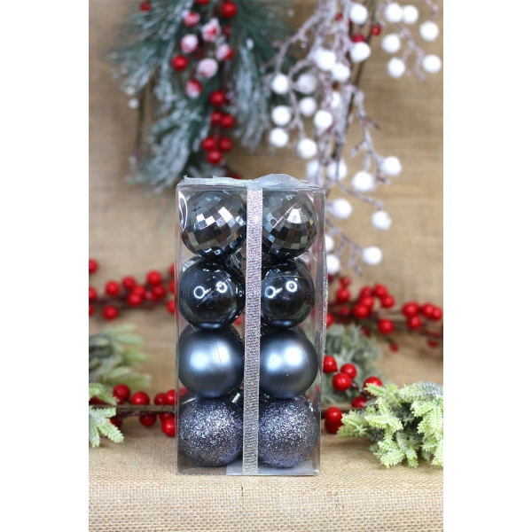 Yılbaşı Ağacı Süsü Gri Toplar 5 cm 4 Model her model 4 er adet toplam kutu içi 16 lı