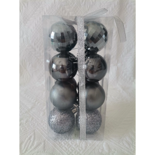 Yılbaşı Ağacı Süsü Gri Toplar 5 cm 4 Model her model 4 er adet toplam kutu içi 16 lı