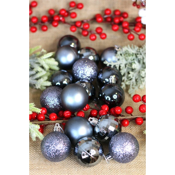 Yılbaşı Ağacı Süsü Gri Toplar 5 cm 4 Model her model 4 er adet toplam kutu içi 16 lı