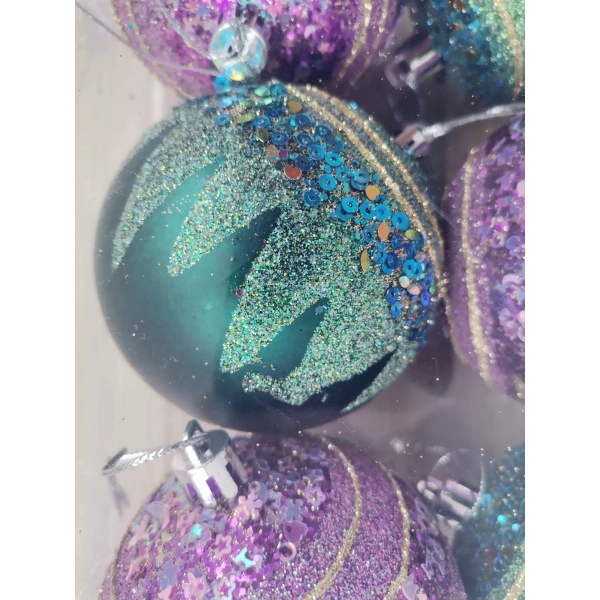 Yılbaşı Ağacı Süsü Mor ve Yeşil Toplar 8 cm Çapında kutu içi 6 Adet