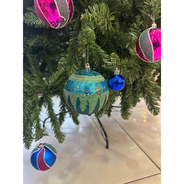 Yılbaşı Ağacı Süsü Mor ve Yeşil Toplar 8 cm Çapında kutu içi 6 Adet