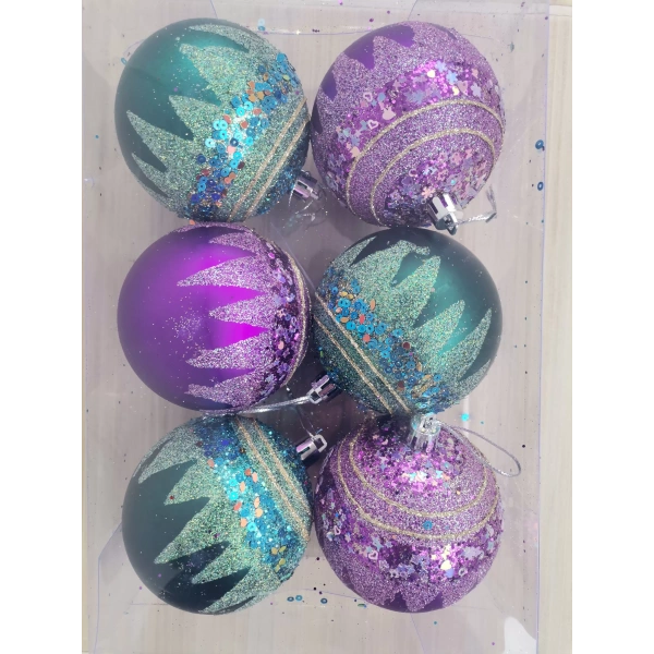 Yılbaşı Ağacı Süsü Mor ve Yeşil Toplar 8 cm Çapında kutu içi 6 Adet