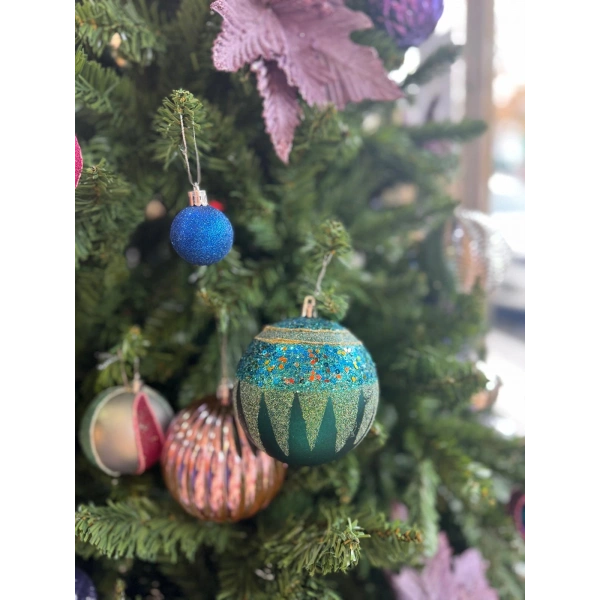 Yılbaşı Ağacı Süsü Mor ve Yeşil Toplar 8 cm Çapında kutu içi 6 Adet