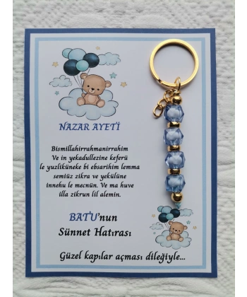 100 Adet Balonlu Ayı Kişiye Özel Nazar Ayeti Sünnet Hatırası Dağıtmalık Mavi Anahtarlık Hediyelik