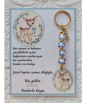 100 Adet Geyik Model Özel Tasarım Mavi Anahtarlık Hastane Yeni Doğan 40 Mevlidi Hediyelik