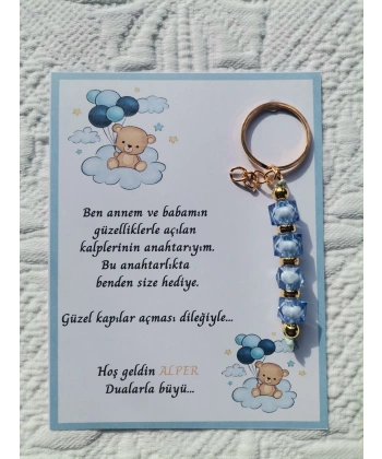 100 Adet İsme Özel Tasarım Mavi Anahtarlık Hastane Yeni Doğan 40 Mevlidi Dağıtmalık Hediyelik