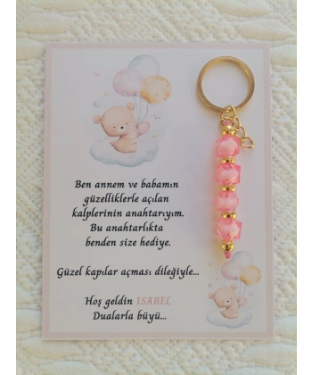 100 Adet İsme Özel Tasarım Pembe Anahtarlık Hastane Yeni Doğan 40 Mevlidi Dağıtmalık Hediyelik