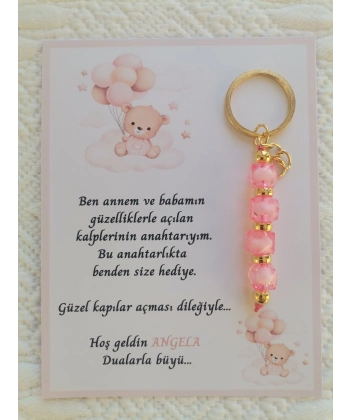 100 Adet İsme Özel Tasarım Pembe Anahtarlık Hastane Yeni Doğan 40 Mevlidi Dağıtmalık Hediyelik