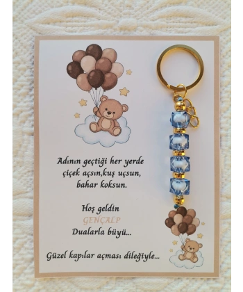 100 Adet Kahverenk Ayıcık Model Özel Tasarım Mavi Anahtarlık Hastane Yeni Doğan 40 Mevlidi Hediyelik