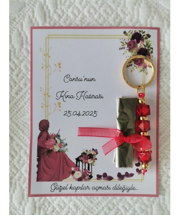 100 Adet Kişiye Özel Kına Hatırası Kırmızı Anahtarlık ve Paketlenmiş Kına Dağıtmalık Hediyelik