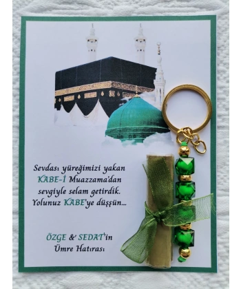 100 Adet Kişiye Özel Tasarım Hac Umre Mevlid Hatırası Dağıtmalık Hediyelik Yeşil Anahtarlık ve Kına