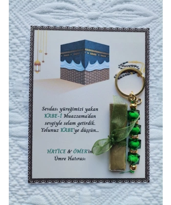100 Adet Kişiye Özel Tasarım Hac Umre Mevlid Hatırası Dağıtmalık Hediyelik Yeşil Anahtarlık ve Kına