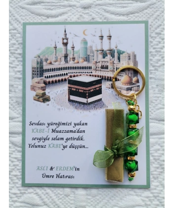 100 Adet Kişiye Özel Tasarım Hac Umre Mevlid Hatırası Dağıtmalık Hediyelik Yeşil Anahtarlık ve Kına