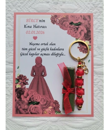 100 Adet Kişiye Özel Tesettürlü Model Kına Hatırası Hediyelik Kırmızı Anahtarlık ve Paketlenmiş Kına
