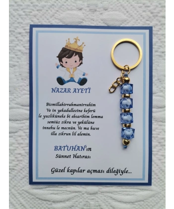 100 Adet Küçük Prens Kişiye Özel Nazar Ayeti Sünnet Hatırası Dağıtmalık Mavi Anahtarlık Hediyelik