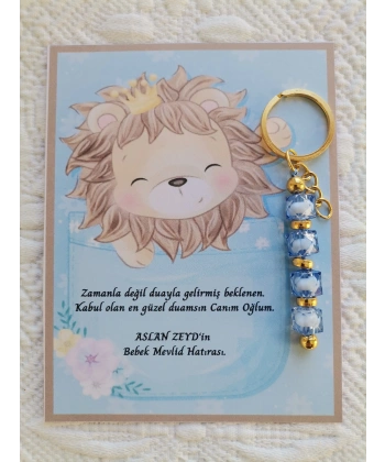 100 Adet Özel Tasarım Aslan ve Mavi Anahtarlık Hastane Yeni Doğan 40 Mevlidi Dağıtmalık Hediyelik