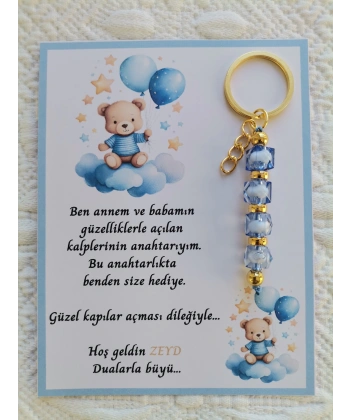 100 Adet Özel Tasarım Ayıcık ve Mavi Anahtarlık Hastane Yeni Doğan 40 Mevlidi Dağıtmalık Hediyelik
