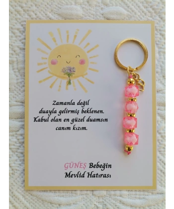 100 Adet Özel Tasarım Güneş ve Pembe Anahtarlık Hastane Yeni Doğan 40 Mevlidi Dağıtmalık Hediyelik