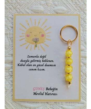 100 Adet Özel Tasarım Güneş ve Sarı Anahtarlık Hastane Yeni Doğan 40 Mevlidi Dağıtmalık Hediyelik