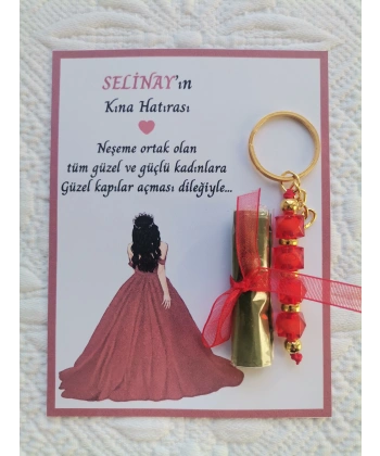 100 Adet Özel Tasarım Kına Hatırası Dağıtmalık Hediyelik Kırmızı Anahtarlık ve Paketlenmiş Kına