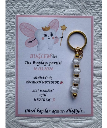 100 Adet Pembe Kanatlı Diş Perisi Temalı Beyaz Anahtarlık İsme Özel İlk Dişim Çıktı Diş Partisi Diş Buğdayı Hatırası Hediyelik