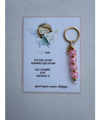 100 Adet Pembe Renk İsme Özel İlk Dişim Çıktı Diş Partisi Diş Buğdayı Hatırası Hediyelik Anahtarlık