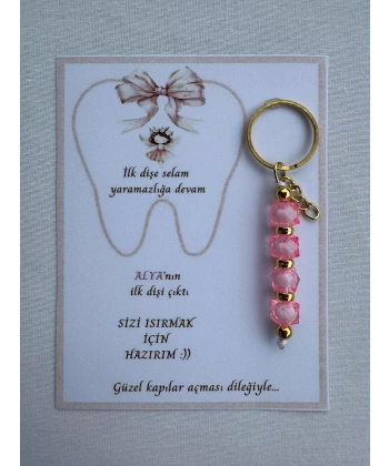 100 Adet Pembe Renk İsme Özel İlk Dişim Çıktı Diş Partisi Diş Buğdayı Hatırası Hediyelik Anahtarlık