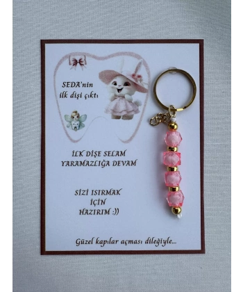 100 Adet Pembe Renk İsme Özel İlk Dişim Çıktı Diş Partisi Diş Buğdayı Hatırası Hediyelik Anahtarlık