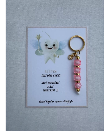 100 Adet Pembe Renk İsme Özel İlk Dişim Çıktı Diş Partisi Diş Buğdayı Hatırası Hediyelik Anahtarlık