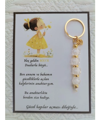 100 Adet İsme Özel Tasarım Beyaz Anahtarlık Hastane Yeni Doğan 40 Mevlidi Dağıtmalık Hediyelik