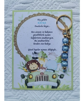 100 Adet İsme Özel Tasarım Mavi Anahtarlık Hastane Yeni Doğan 40 Mevlidi Dağıtmalık Hediyelik