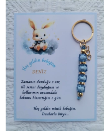 100 Adet İsme Özel Tasarım Mavi Anahtarlık Hastane Yeni Doğan 40 Mevlidi Dağıtmalık Hediyelik