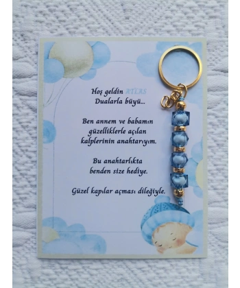 100 Adet İsme Özel Tasarım Mavi Anahtarlık Hastane Yeni Doğan 40 Mevlidi Dağıtmalık Hediyelik