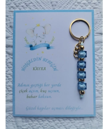 100 Adet İsme Özel Tasarım Mavi Anahtarlık Hastane Yeni Doğan 40 Mevlidi Dağıtmalık Hediyelik